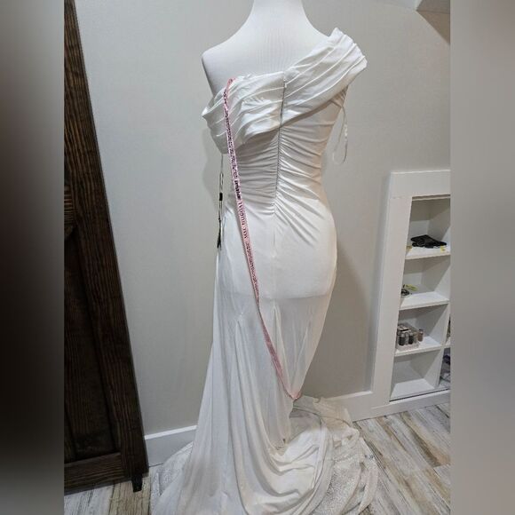 Mac Duggal 26517 Foldover Off-the-Shoulder Slit Gown NWT size 4 White - Picture 5 of 6